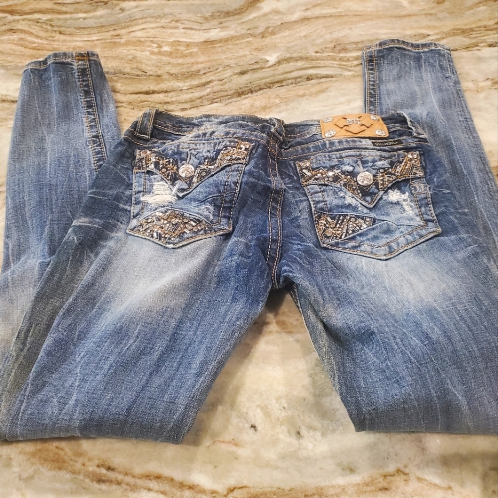 Miss Me Blue Skinny Jeans with Silver Accents
